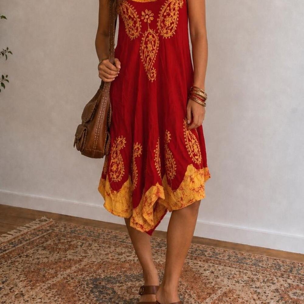 Y2K Fairy Boho Red Embroidered Handkerchief Hem Midi Dress